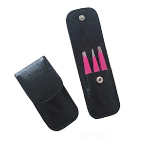 JZG 3pcs Stainless Steel Eyebrow Extension Applicator Tweezers Set Slanted Pointed Tip Eyelash Tweezer with PU Pouch Bag