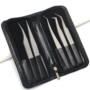 JZG 5pcs Silver Volume Beauty Stainless Steel Private Label Custom Logo Case Sets Volume Extension Eyelash Lash Tweezers PU Bag