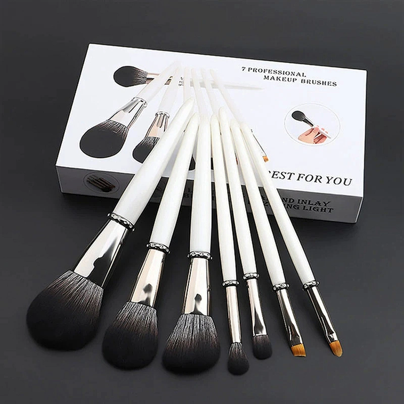 Hot Selling 7pcs Pieces Makeup Brushes White Private Label Glitter Diamond Vegan Wooden Handle Makeup Brush Set