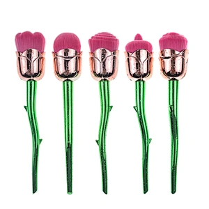 5pc professional rose shaped makeup brush set with plastic handle