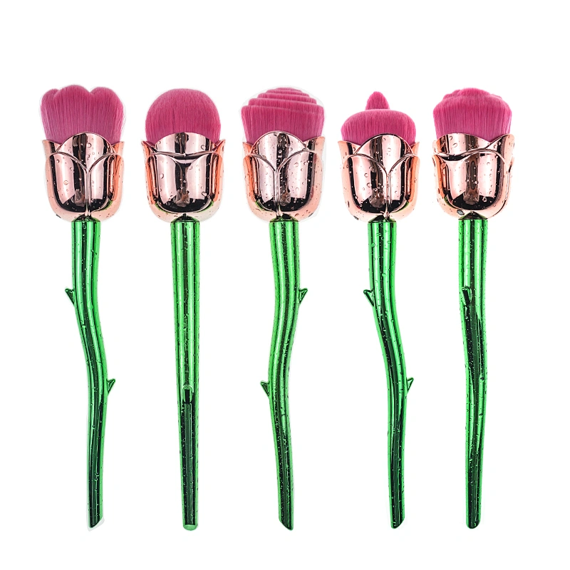 5pc professional rose shaped makeup brush set with plastic handle