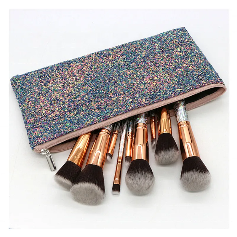 10pcs/set High Quality Shiny Star or Circle Makeup Brushes Set With Makeup Bag