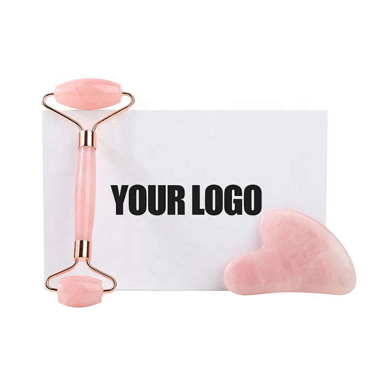 JZG Wholesale Custom LOGO Private Label Genuine Facial Anti Aging Gift Box Stone Pink Rose Quartz Jade Roller and Guasha Set