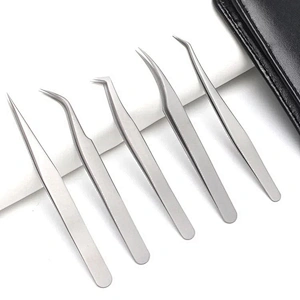 JZG 5pcs Silver Volume Beauty Stainless Steel Private Label Custom Logo Case Sets Volume Extension Eyelash Lash Tweezers PU Bag