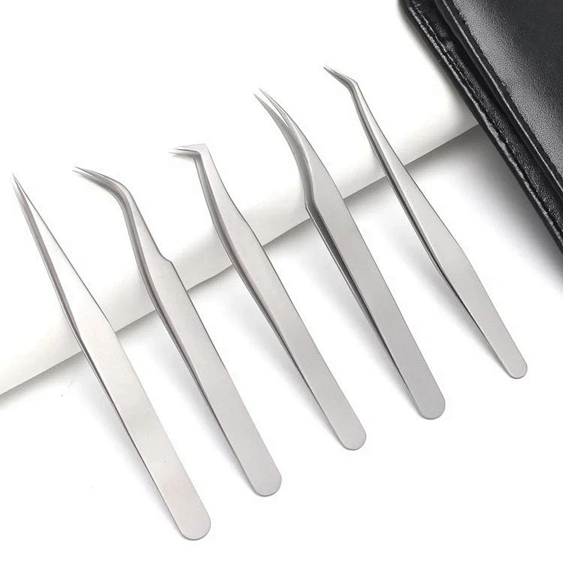 JZG 5pcs Silver Volume Beauty Stainless Steel Private Label Custom Logo Case Sets Volume Extension Eyelash Lash Tweezers PU Bag