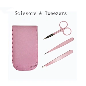 JZG 3pcs Pink Custom Logo Slanted Pointed Stainless Steel Eyebrow Eyelash Extension Tweezers Set with Scissors PU Pouch Bag