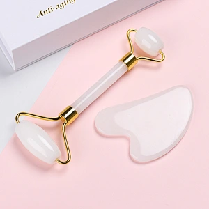 Uv Logo Double Head Natural Facial Massager Opal Jade Roller And Gua Sha Set White Jade Roller With Gift Box For Face Eyes Neck