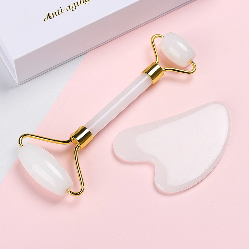 Uv Logo Double Head Natural Facial Massager Opal Jade Roller And Gua Sha Set White Jade Roller With Gift Box For Face Eyes Neck