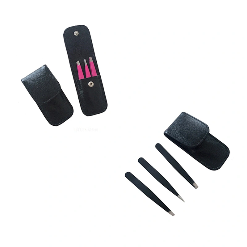 JZG 3pcs Stainless Steel Eyebrow Extension Applicator Tweezers Set Slanted Pointed Tip Eyelash Tweezer with PU Pouch Bag