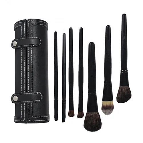 7pcs classic black wool makeup brushes with pu brush cylinder