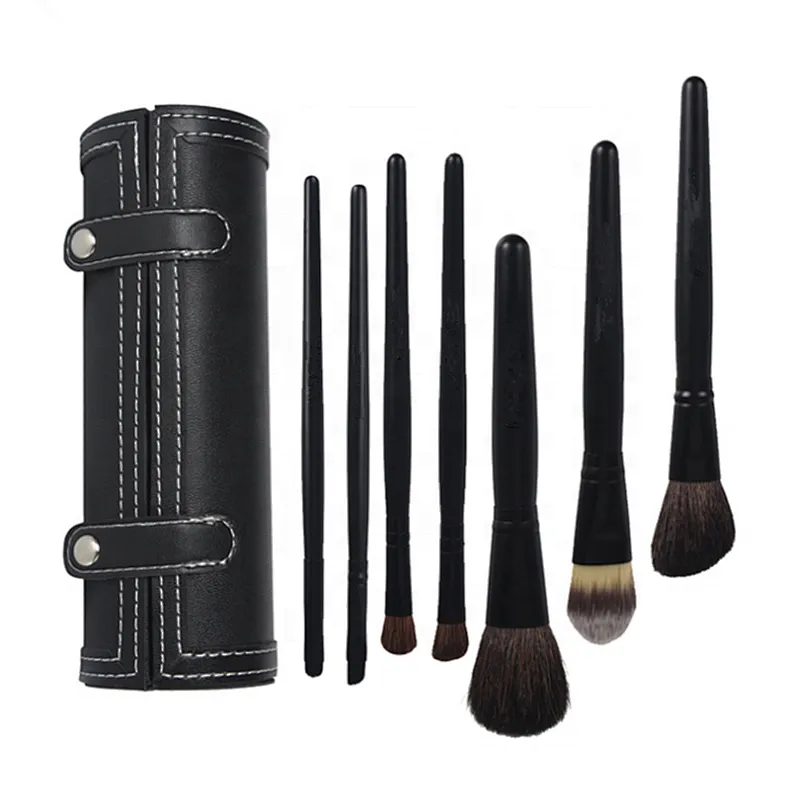7pcs classic black wool makeup brushes with pu brush cylinder