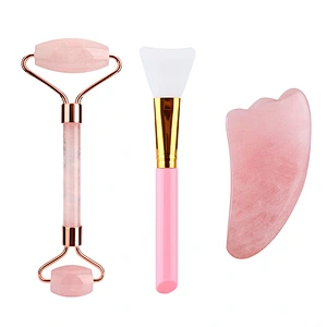 Custom Private Label Box 100% Natural Stone Pink Rose Quartz Gua Sha Tools Set And Facial Massage Jade Roller With Logo
