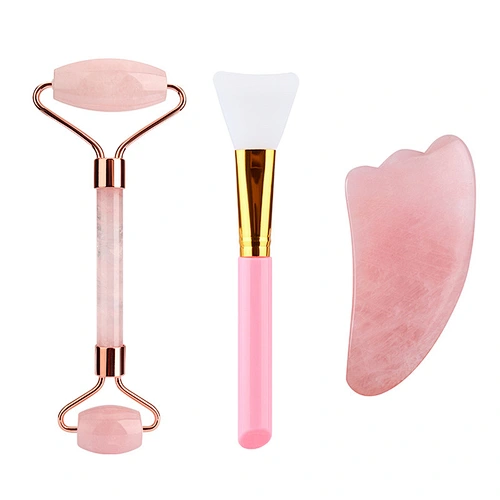 Custom Private Label Box 100% Natural Stone Pink Rose Quartz Gua Sha Tools Set And Facial Massage Jade Roller With Logo