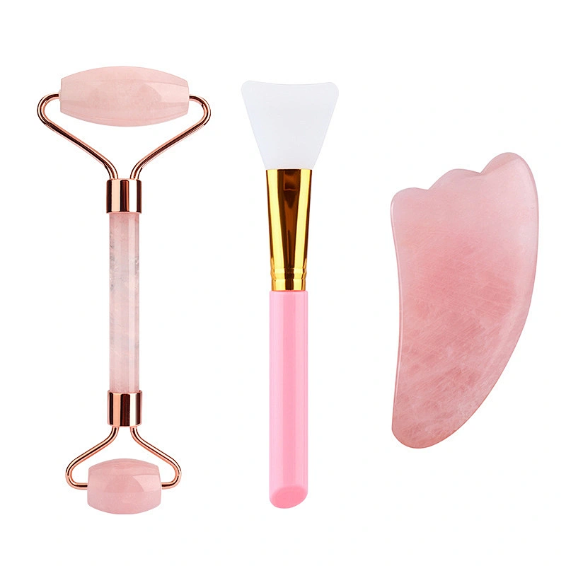 Custom Private Label Box 100% Natural Stone Pink Rose Quartz Gua Sha Tools Set And Facial Massage Jade Roller With Logo