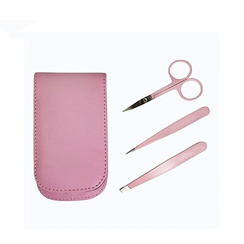 JZG 3pcs Pink Custom Logo Slanted Pointed Stainless Steel Eyebrow Eyelash Extension Tweezers Set with Scissors PU Pouch Bag