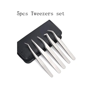 JZG 5pcs Silver Volume Beauty Stainless Steel Private Label Custom Logo Case Sets Volume Extension Eyelash Lash Tweezers PU Bag