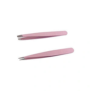 JZG 3pcs Pink Custom Logo Slanted Pointed Stainless Steel Eyebrow Eyelash Extension Tweezers Set with Scissors PU Pouch Bag