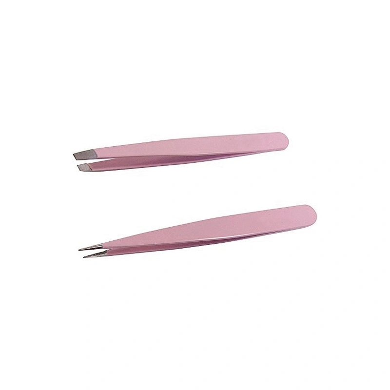 JZG 3pcs Pink Custom Logo Slanted Pointed Stainless Steel Eyebrow Eyelash Extension Tweezers Set with Scissors PU Pouch Bag