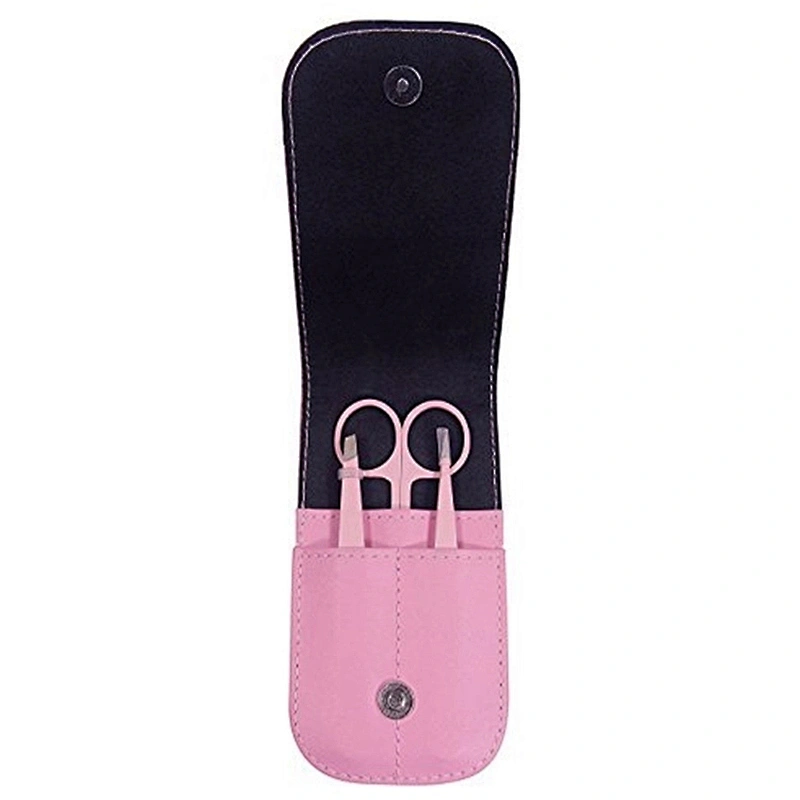 JZG 3pcs Pink Custom Logo Slanted Pointed Stainless Steel Eyebrow Eyelash Extension Tweezers Set with Scissors PU Pouch Bag