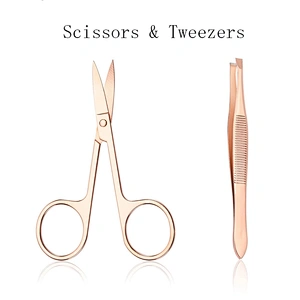 JZG High Quality Eyelash Extension Tweezers Eyebrow Tweezer Stainless Steel Private Label Rose Gold With Scissors Set