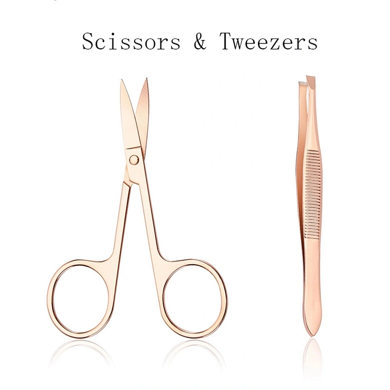 JZG High Quality Eyelash Extension Tweezers Eyebrow Tweezer Stainless Steel Private Label Rose Gold With Scissors Set