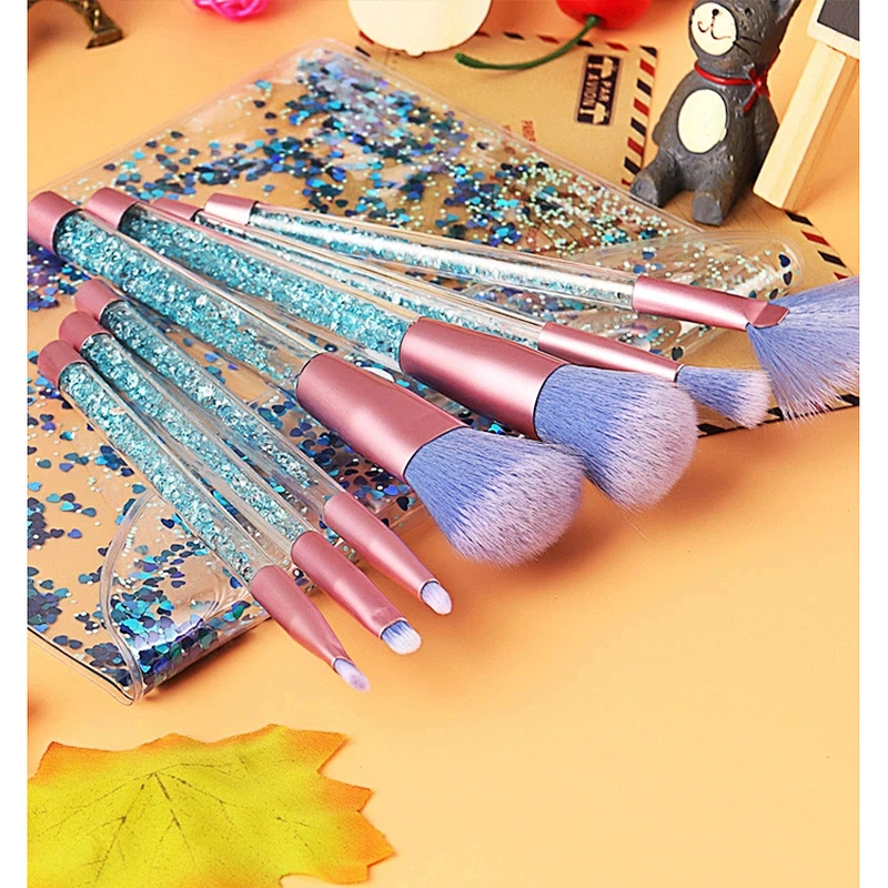 JZG Factory Vegan Beauty Private Label Makeup Brush New Beautiful Plastic Handle 7pcs Shiny Brush Set With Shiny Bag