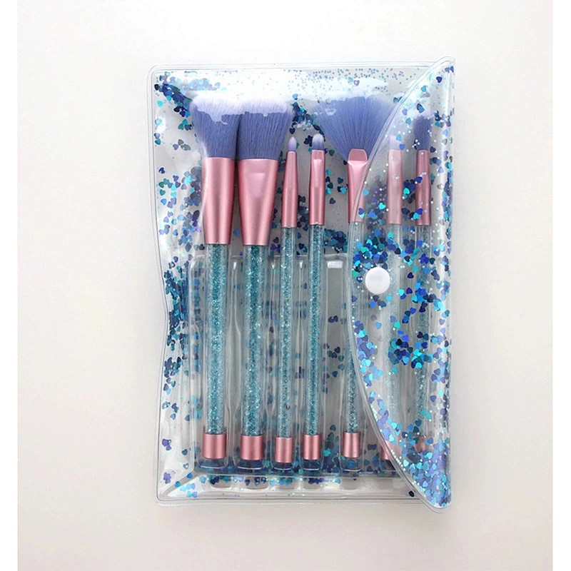 JZG Factory Vegan Beauty Private Label Makeup Brush New Beautiful Plastic Handle 7pcs Shiny Brush Set With Shiny Bag