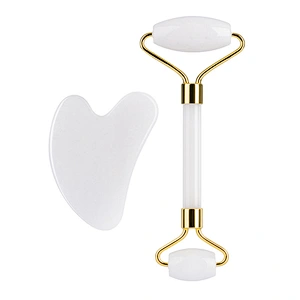 Uv Logo Double Head Natural Facial Massager Opal Jade Roller And Gua Sha Set White Jade Roller With Gift Box For Face Eyes Neck