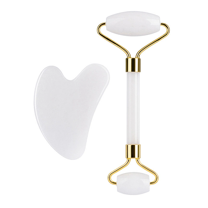 Uv Logo Double Head Natural Facial Massager Opal Jade Roller And Gua Sha Set White Jade Roller With Gift Box For Face Eyes Neck