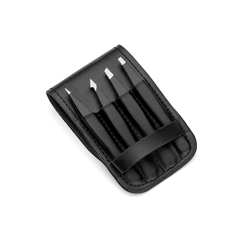 JZG High Quality Private Label 4pcs PU Leather Black Eyebrow Trimmer Tweezers Set