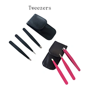 JZG 3pcs Stainless Steel Eyebrow Extension Applicator Tweezers Set Slanted Pointed Tip Eyelash Tweezer with PU Pouch Bag