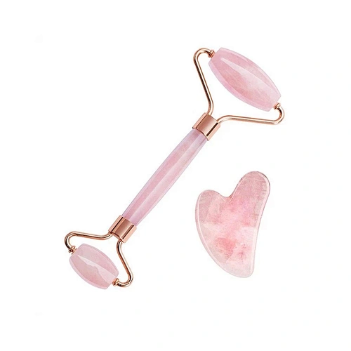 JZG Wholesale OEM Private Label Genuine Facial Anti Aging Gift Box Stone Pink Rose Quartz Jade Roller and Guasha Set for Face