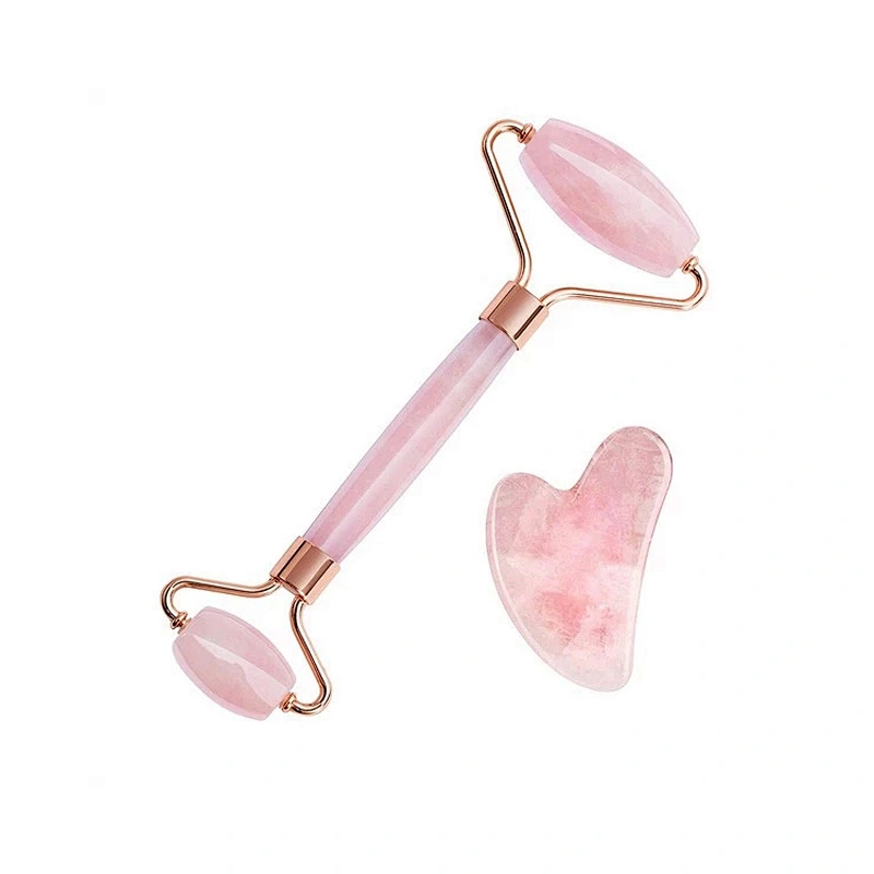 JZG Wholesale OEM Private Label Genuine Facial Anti Aging Gift Box Stone Pink Rose Quartz Jade Roller and Guasha Set for Face