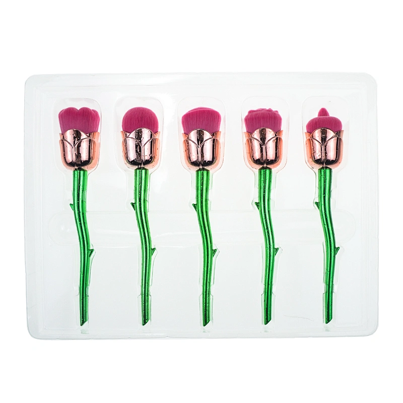5pc professional rose shaped makeup brush set with plastic handle