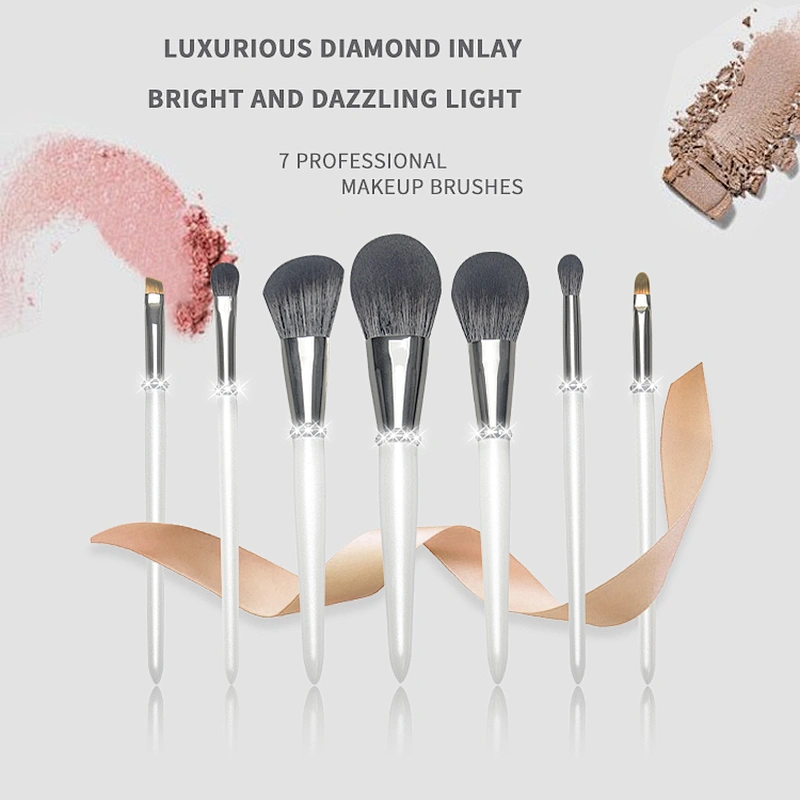 Hot Selling 7pcs Pieces Makeup Brushes White Private Label Glitter Diamond Vegan Wooden Handle Makeup Brush Set
