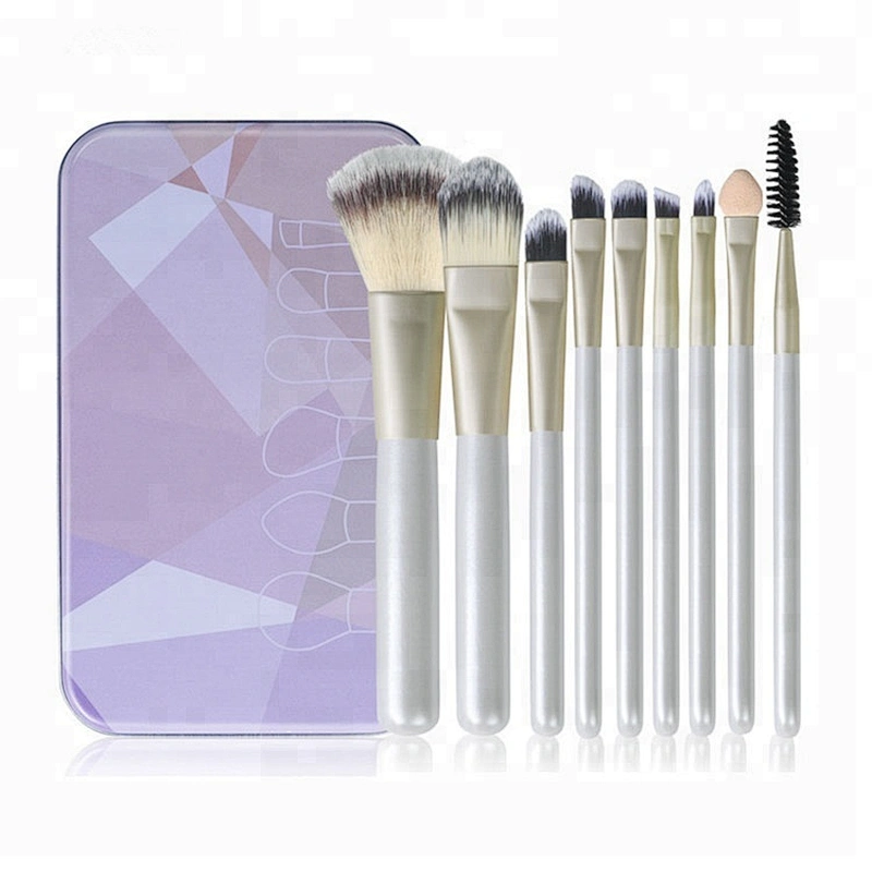 Imported Wholesale Makeup Brushes Set 9pcs Powder Foundation Cosmetics Makeup Brush Essential Kit with Metal Box