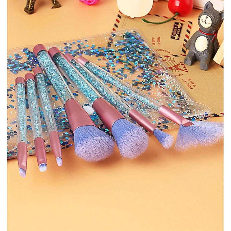 JZG Factory Vegan Beauty Private Label Makeup Brush New Beautiful Plastic Handle 7pcs Shiny Brush Set With Shiny Bag