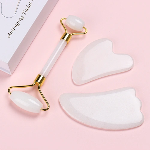 Custom Logo Jade Roller And Gua Sha Tools Set Jade Facial Roller For Face Beauty Boards White Jade Roller