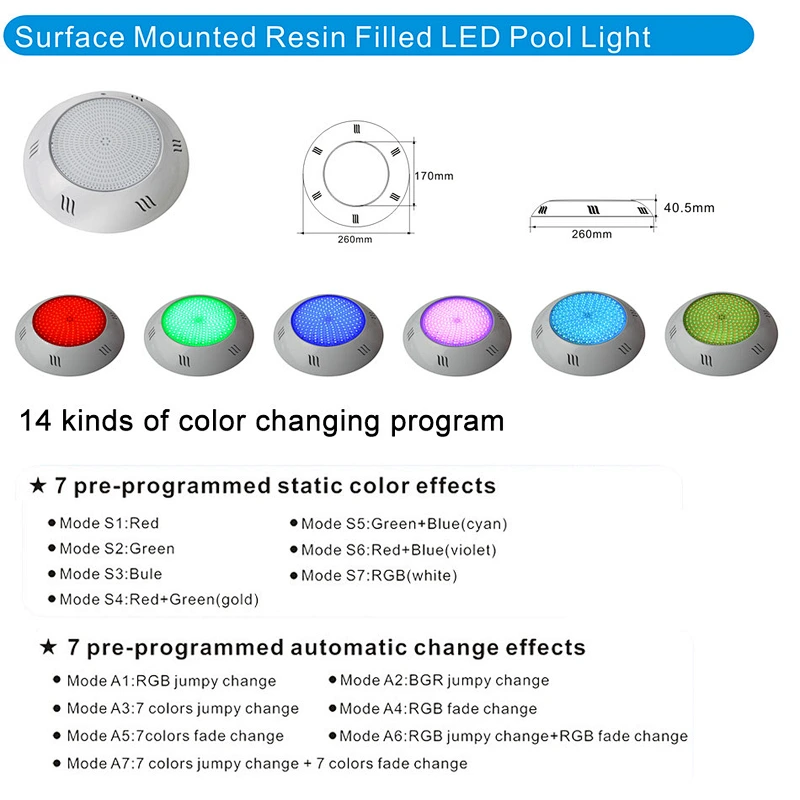 2019 Patent Resin Filled Underwater Light With Remote Nicheless 18W IP68 RGB Wall Mounted Above Ground  LED Swimming Pool Light