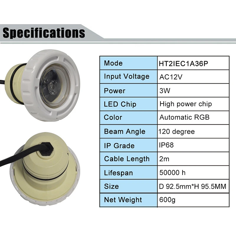 HOTOOK 2-Inch Embedded 3W 36pcs 2835smd  Automatic RGB LED Pool Light for Concrete Pools