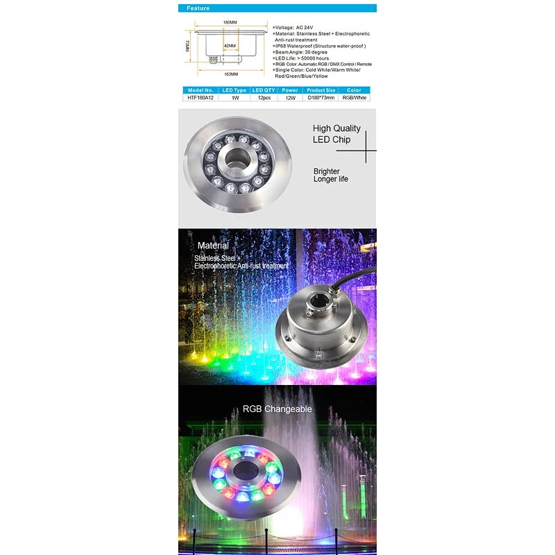 HOTOOK Stainless Steel 6W 9W 12W 15W 18W IP68 submersible RGB nozzle fountain lights