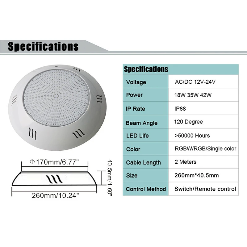 2019 Patent Resin Filled Underwater Light With Remote Nicheless 18W IP68 RGB Wall Mounted Above Ground  LED Swimming Pool Light