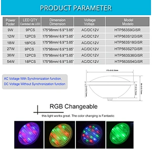 High Power 18W 36W 54W PAR56 RGB LED Underwater Light 12V for Niche