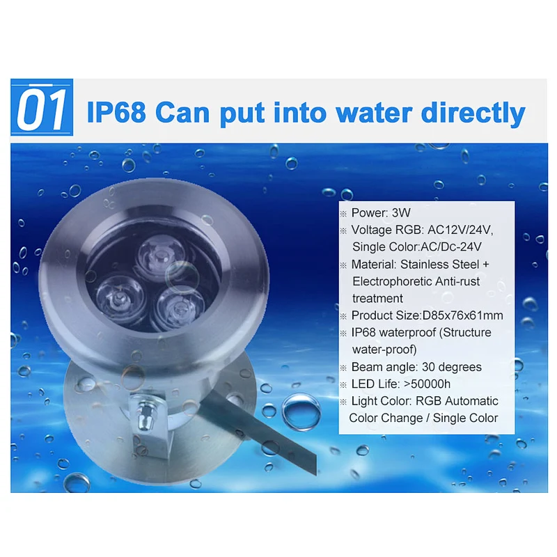 China Factory 12 Volt 3W Outdoor Stainless Steel Submersible Ip68 Waterproof Pond Underwater Led Lights