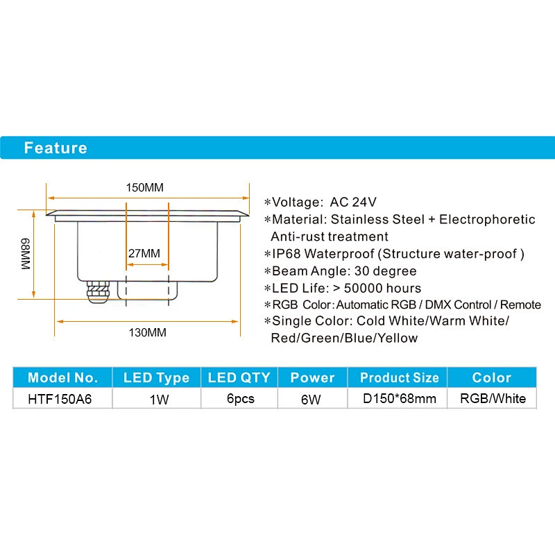 OEM IP68 6W AC/DC 12/24V Underwater Waterproof Stainless Steel LED Fountain Light