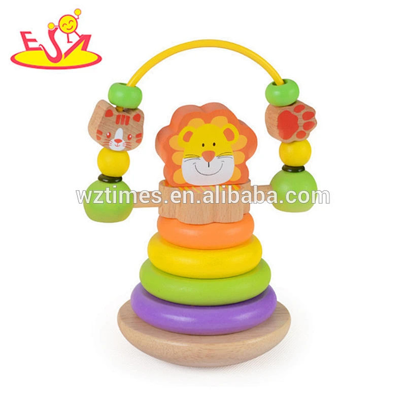 Wholesale lovely cartoon style stacking ring toy wooden rainbow toy for toddlers W13D172