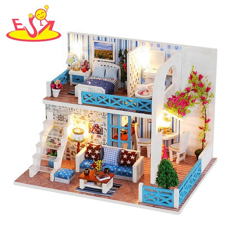 Casa de muñecas en miniatura de madera hecha a mano para niños W06A345