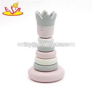Wholesale lovely cartoon style stacking ring toy wooden rainbow toy for toddlers W13D172