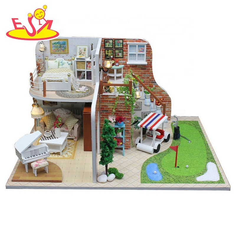 Casa de muñecas en miniatura de madera hecha a mano para niños W06A345
