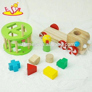 Wholesale cheap product baby wooden string pull toy with shape sort blocks box W05B119